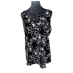 FORTUNE + IVY Womens Black Floral Lattice Neck Sleeveless Top Blouse Size L